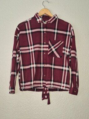 Polly Esther Womens Red Plaid Top Size: Small